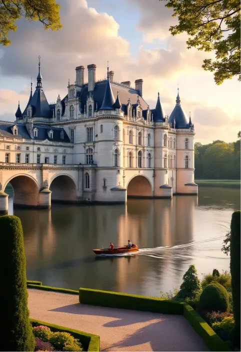 Majestic Château de Chenonceau spanning the Cher River, French Renaissance architecture gleaming in golden sunset light. Elegant white limestone façade with intricate carvings and tall chimneys reflected in calm waters below. Arched bridge supports adorned with graceful galleries, creating a seamless blend of structure and nature. Lush formal gardens flank both riverbanks, vibrant with colorful flowerbeds and meticulously trimmed hedges. Ancient oak and cypress trees frame the château, their leaves rustling in a gentle breeze. Soft, wispy clouds paint the sky in hues of pink and lavender. A small wooden boat drifts near the château's base, emphasizing its grand scale. Ornate windows and balconies cast long shadows across the water's surface. In the foreground, a gravel path lined with perfectly manicured topiaries leads the eye to the magnificent edifice. Capture the scene with a wide-angle lens, emphasizing the château's harmonious integration with its idyllic surroundings, conveying a sense of timeless beauty and French aristocratic splendor. Majestic Château de Chenonceau spanning the Cher River, French Renaissance architecture gleaming in golden sunset light. Elegant white limestone façade with intricate carvings and tall chimneys reflected in calm waters below. Arched bridge supports adorned with graceful galleries, creating a seamless blend of structure and nature. Lush formal gardens flank both riverbanks, vibrant with colorful flowerbeds and meticulously trimmed hedges. Ancient oak and cypress trees frame the château, their leaves rustling in a gentle breeze. Soft, wispy clouds paint the sky in hues of pink and lavender. A small wooden boat drifts near the château's base, emphasizing its grand scale. Ornate windows and balconies cast long shadows across the water's surface. In the foreground, a gravel path lined with perfectly manicured topiaries leads the eye to the magnificent edifice. Capture the scene with a wide-angle lens, emphasizing the château's harmonious integration with its idyllic surroundings, conveying a sense of timeless beauty and French aristocratic splendor.